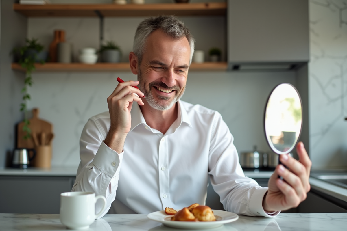 Homme se remaquillant dans une cuisine moderne