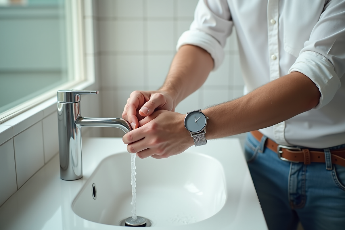 Homme rinçant sa montre sous l