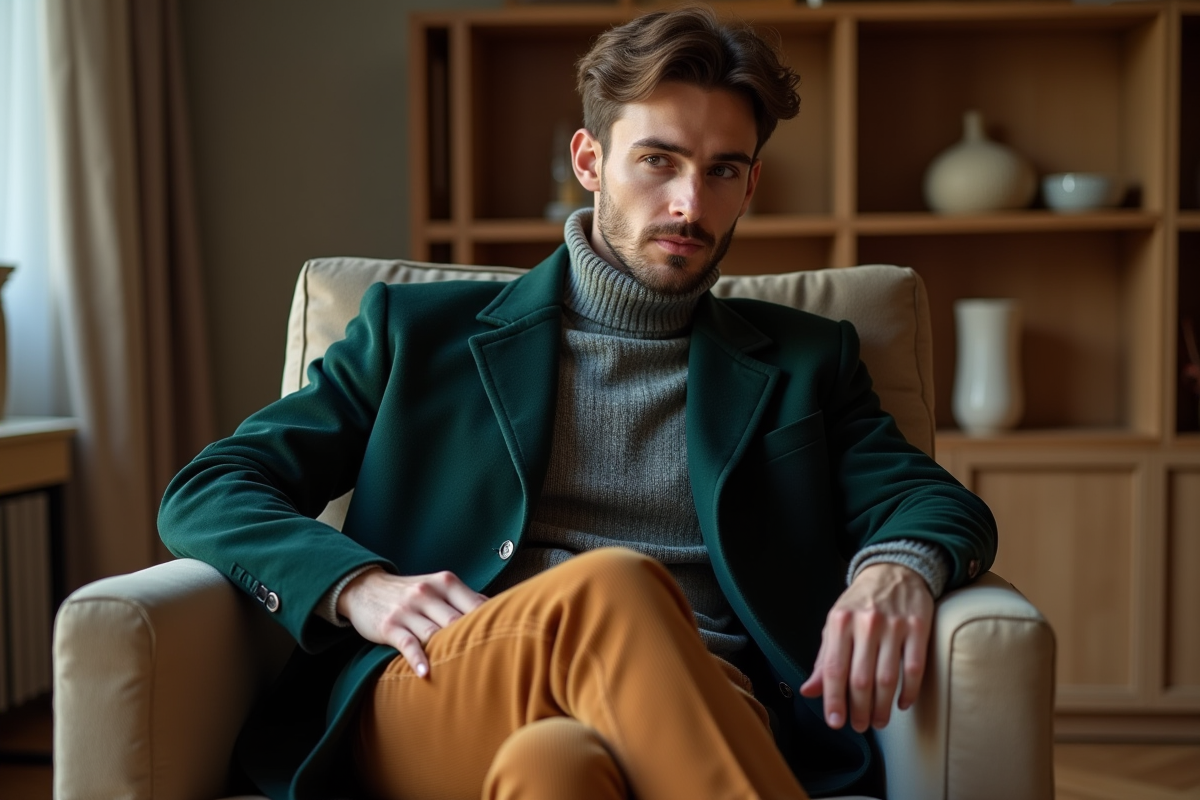 Homme en manteau vert fonce dans un salon scandinave