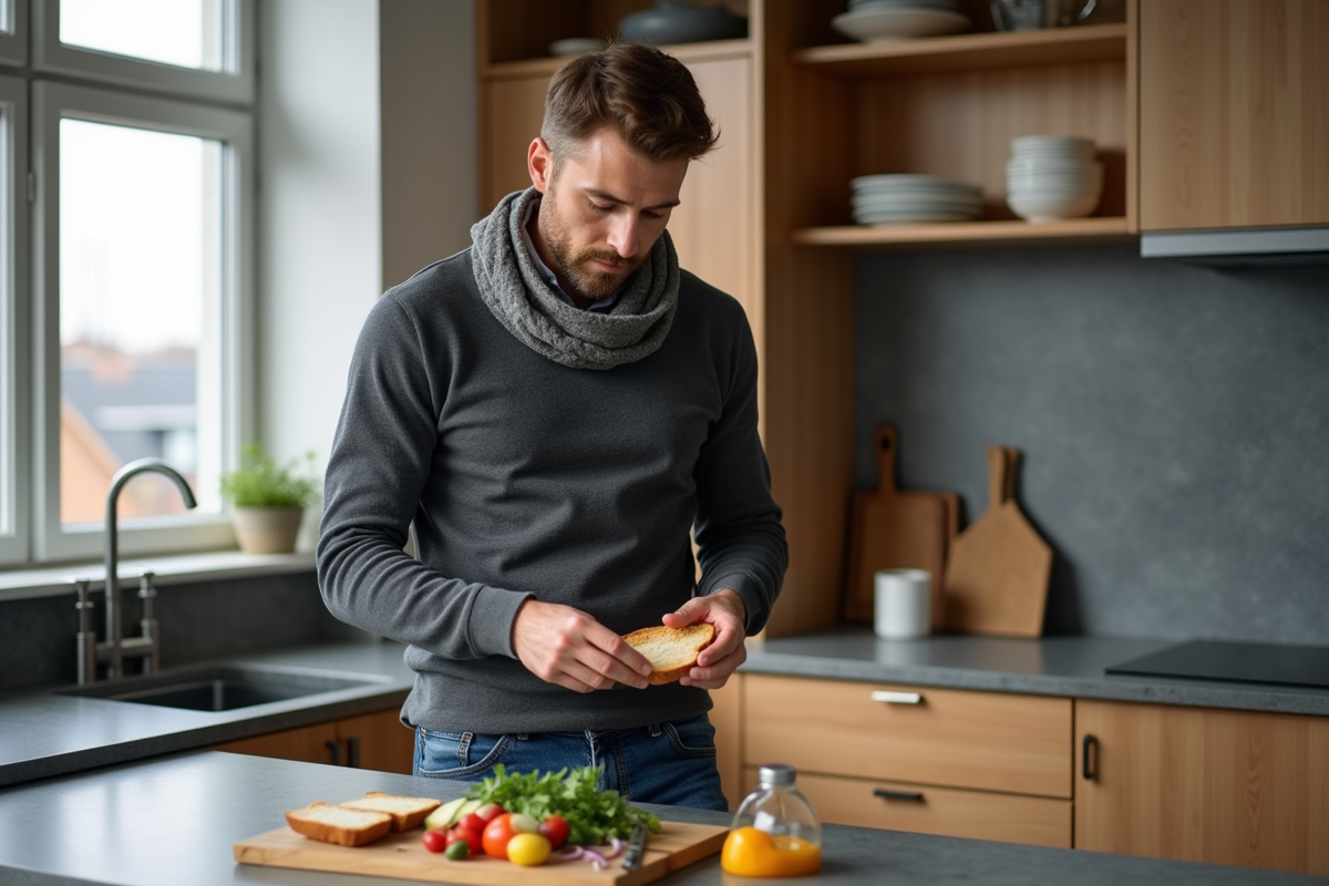 Homme scandinave préparant un sandwich dans une cuisine