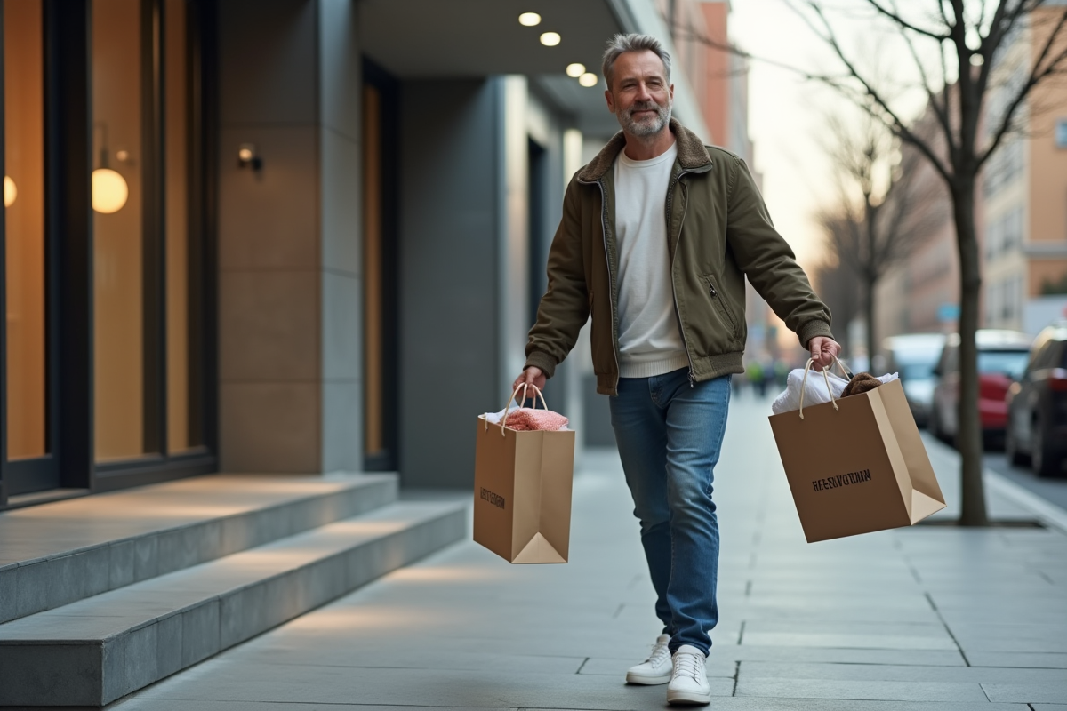 Homme avec veste et sac de shopping dans la rue urbaine