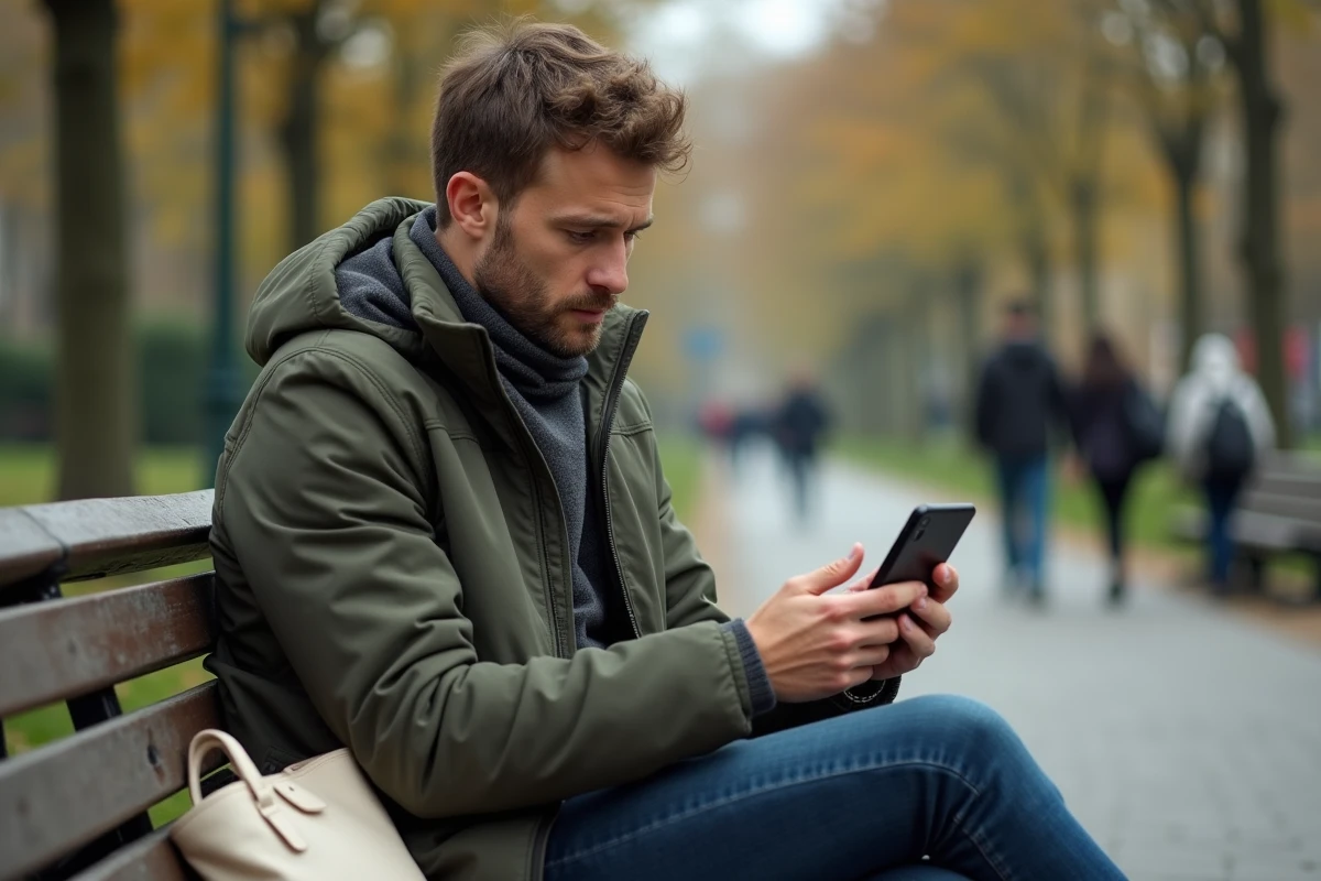 Homme consultant le suivi de colis Vinted bloqué sur son smartphone en extérieur