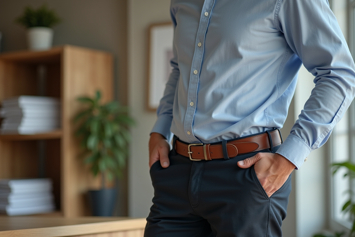 Homme d'âge moyen ajustant son pantalon au bureau