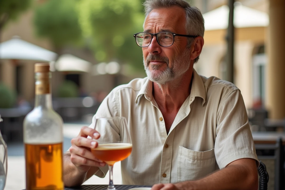 Homme dégustant un verre de pastis Bob Ricard en terrasse dans un village provençal ensoleillé