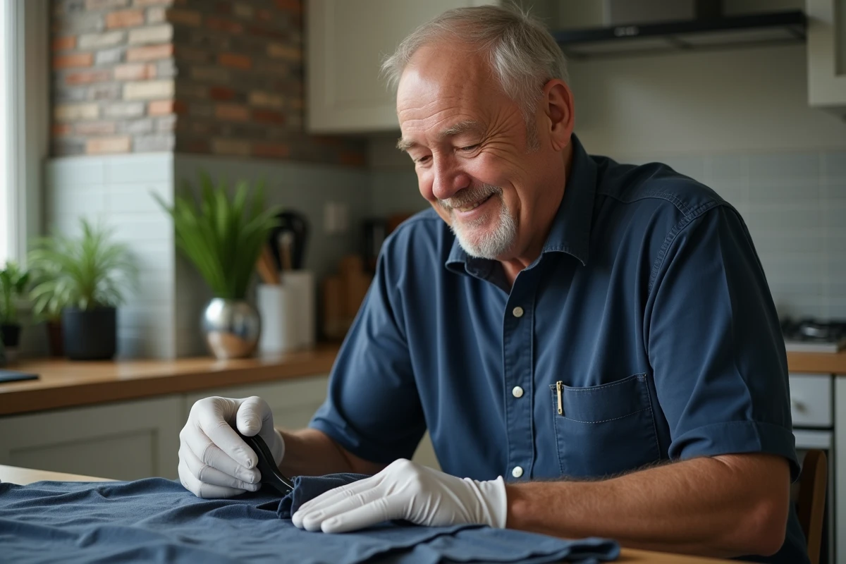 Homme inspectant un polo vintage dans sa cuisine