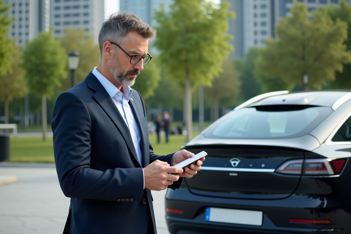 Homme daffaires regardant tableau de bord voiture électrique
