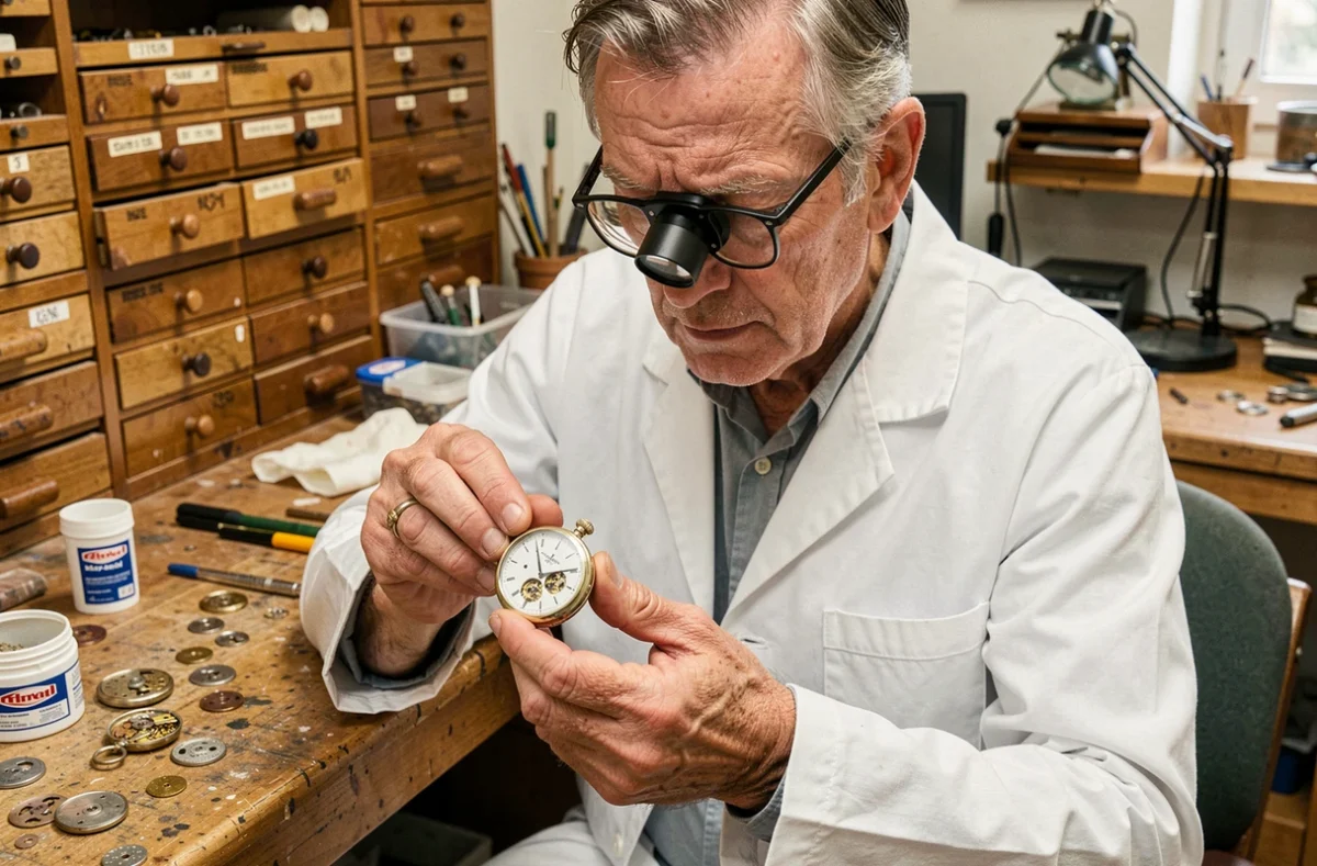Horloger expérimenté comparant une montre de poche vintage et une montre tourbillon moderne dans son atelier de restauration, pour illustrer les montres les plus chères au monde