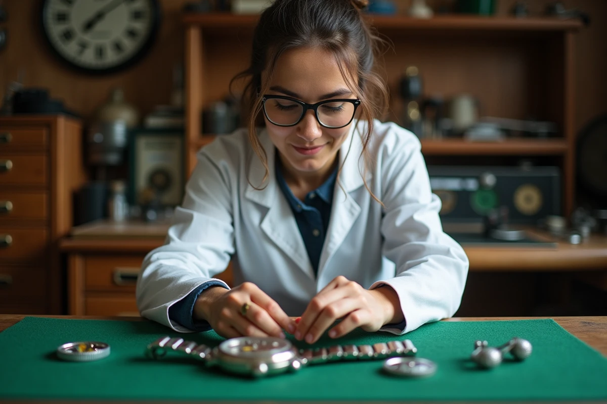 Horlogère professionnelle inspectant le mouvement d'une Rolex Daytona dans un atelier d'horlogerie