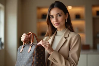 Femme inspectant de près les coutures d'un sac monogramme marron pour identifier une contrefaçon Louis Vuitton