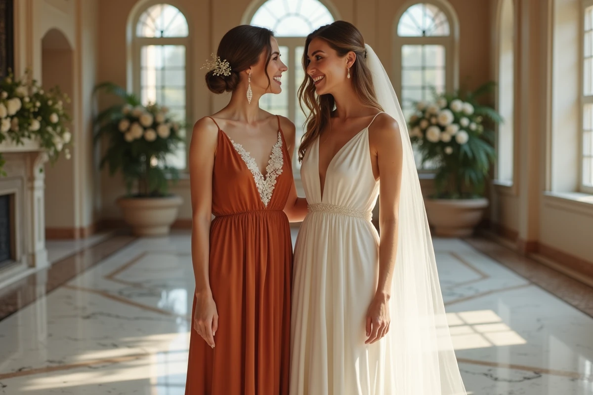 Invitée en robe terracotta aux côtés d'une mariée en blanc lors d'une réception de mariage élégante