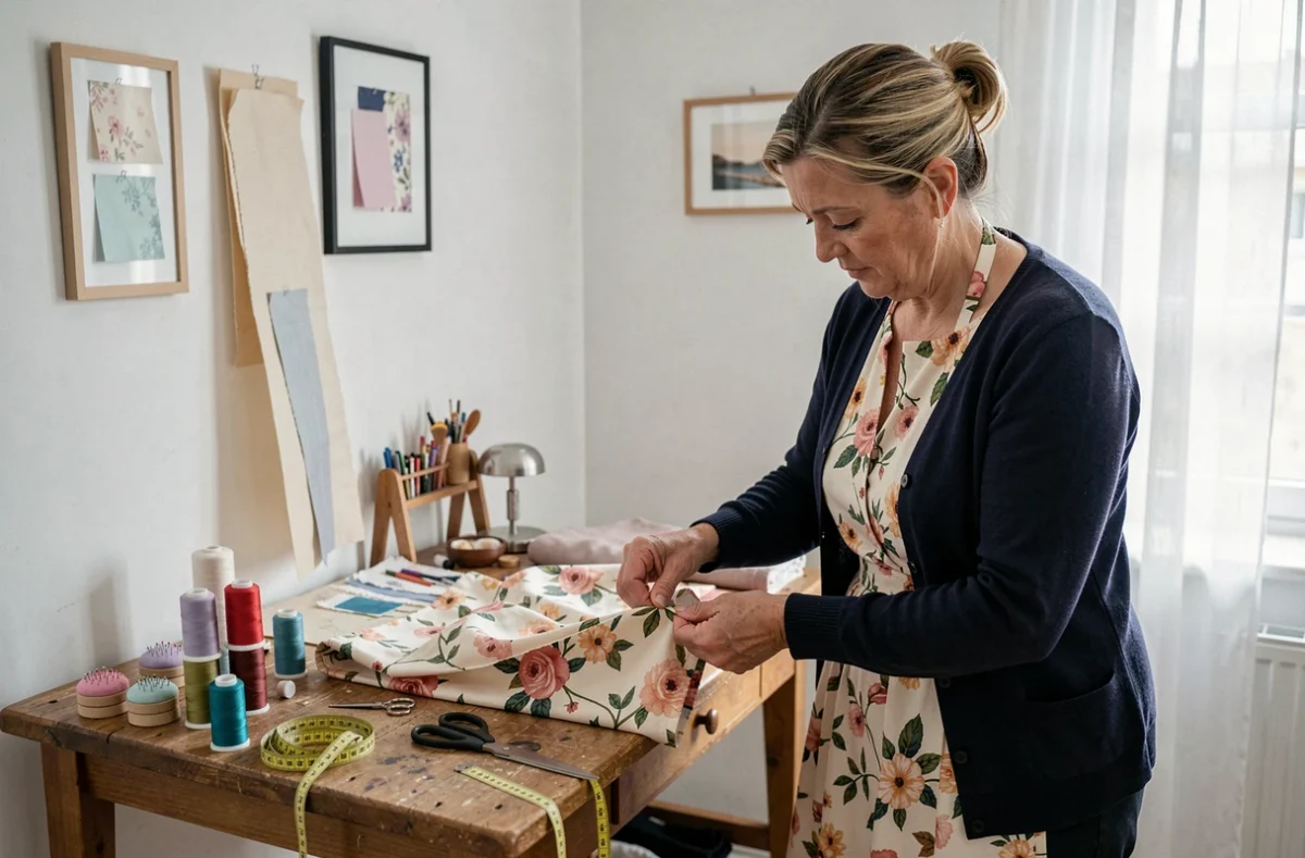 Couturière retouchant l'ourlet d'une robe fleurie dans l'atelier Jeanne Créations Couture à Bretteville-l'Orgueilleuse