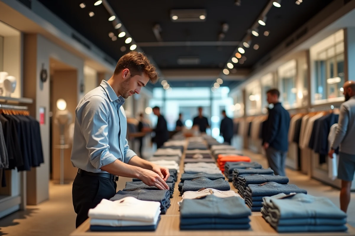 Jeune employe rangeant des vetements dans un magasin moderne