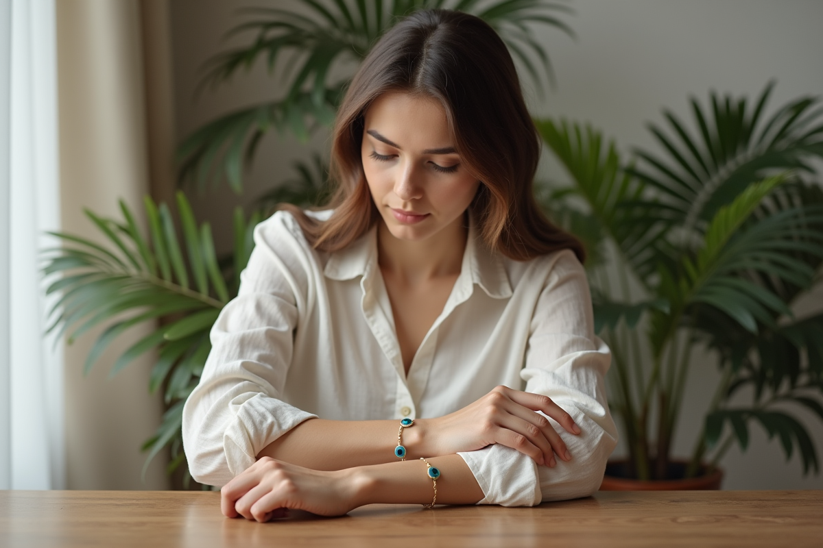 Jeune femme ajustant un bracelet evil eye au poignet
