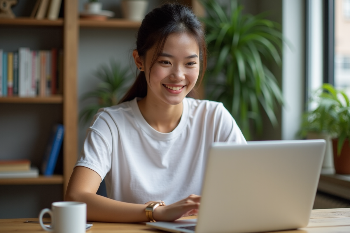 Jeune femme souriante dans un bureau moderne à la maison