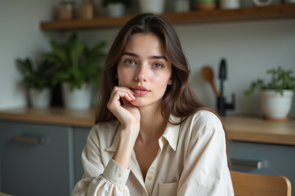 Jeune femme regardant ses lèvres dans un intérieur cosy