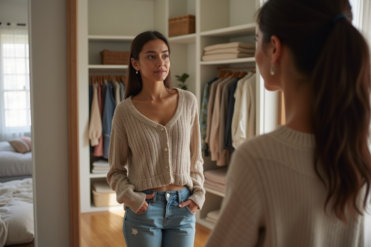 Jeune femme se regardant dans un miroir en essayant des vêtements