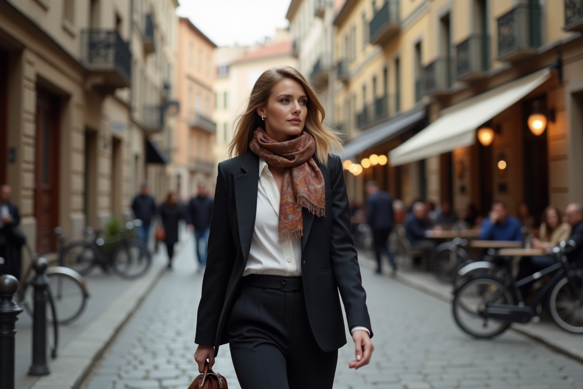 Jeune femme élégante en costume urbain dans une rue historique