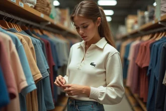 Jeune femme examinant un polo logo crocodile en magasin