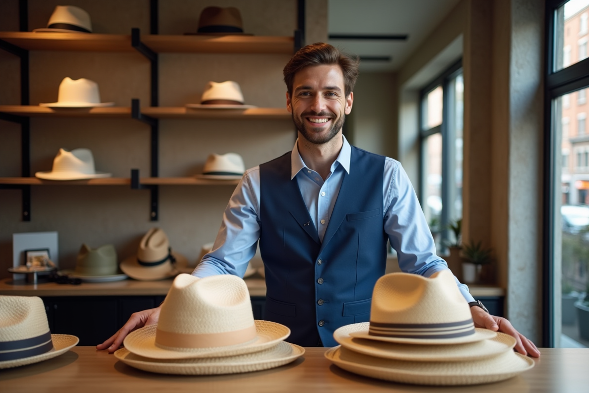 Jeune homme arrangeant des chapeaux dans une boutique élégante