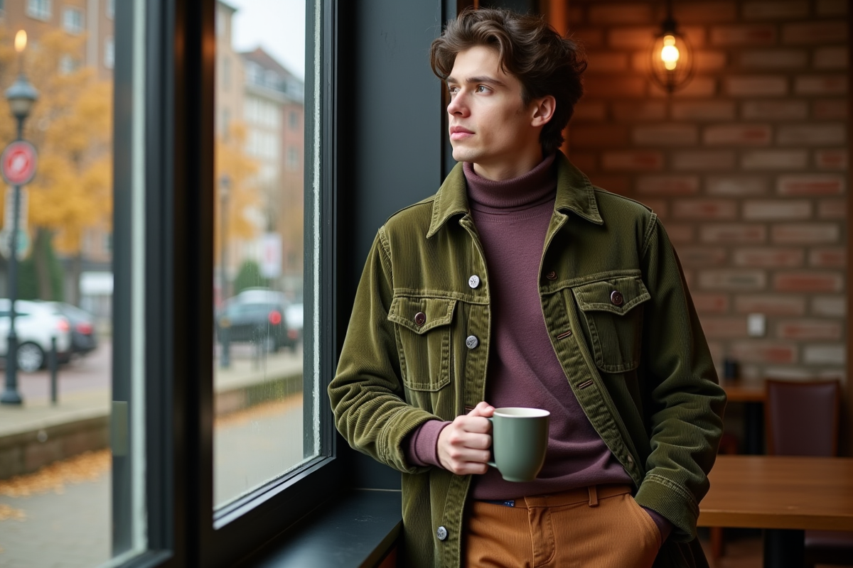 Jeune homme dans un café avec ambiance automnale