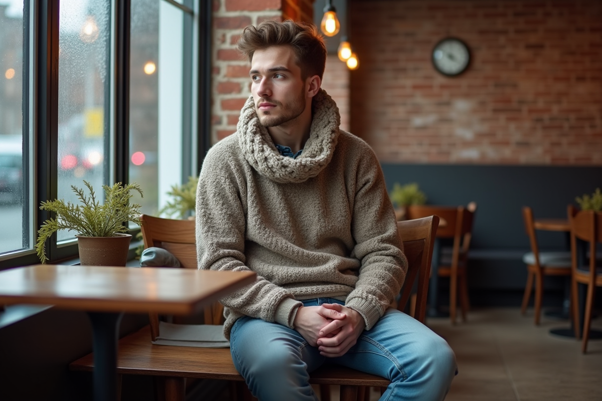 Jeune homme en jean et pull dans un cafe chaleureux