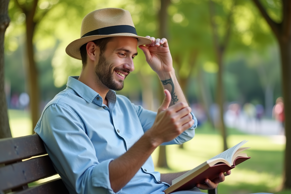 Jeune homme ajustant son chapeau en lisant dans un parc en été