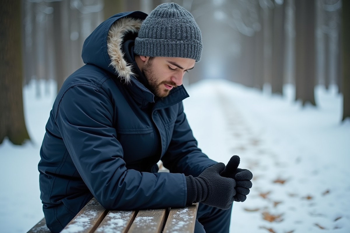 Jeune homme en parkas et gants dans un parc enneige