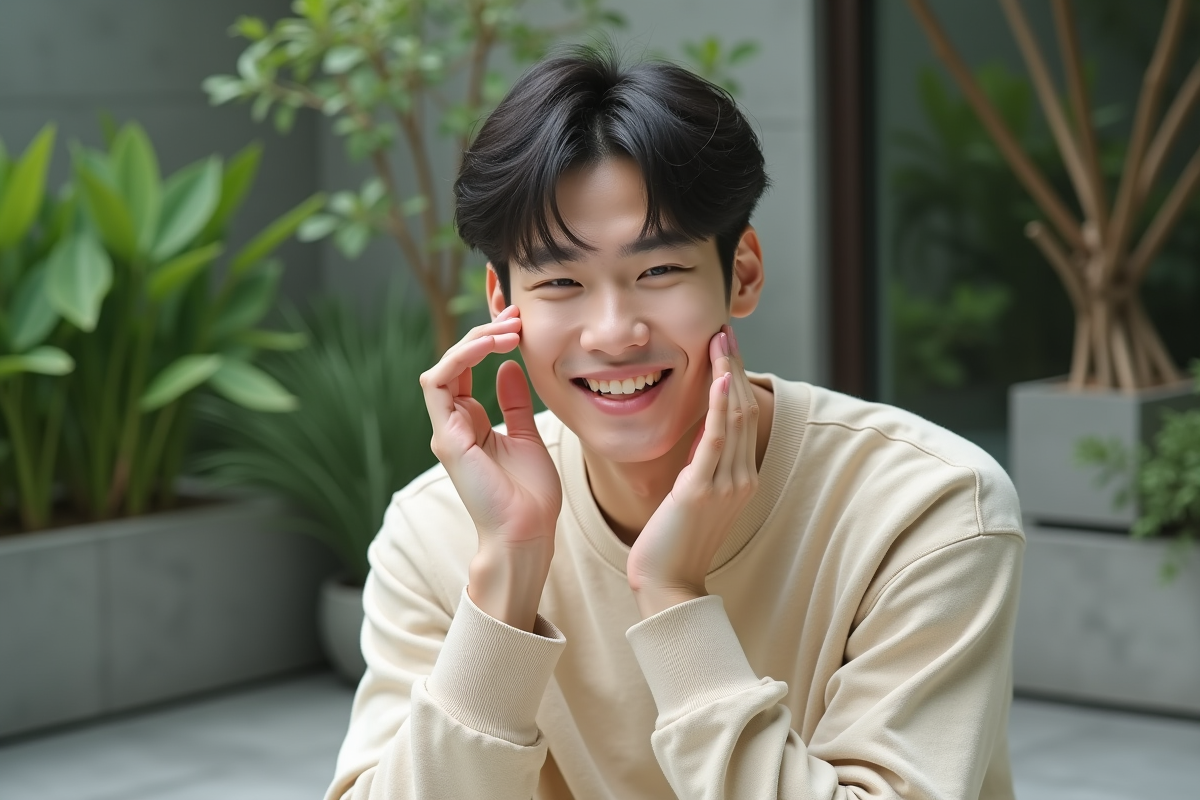 Jeune homme appliquant une essence dans un jardin calme