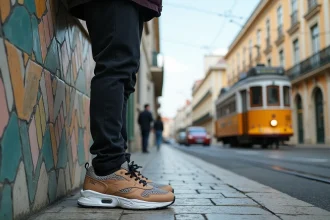 Jeune homme en streetwear avec sneakers à Lisbonne