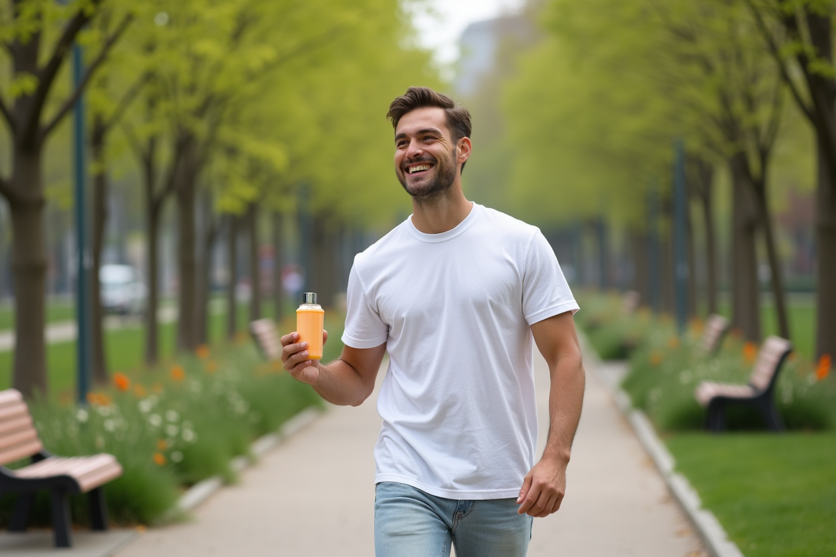 Jeune homme marchant dans parc avec lotion auto-bronzante