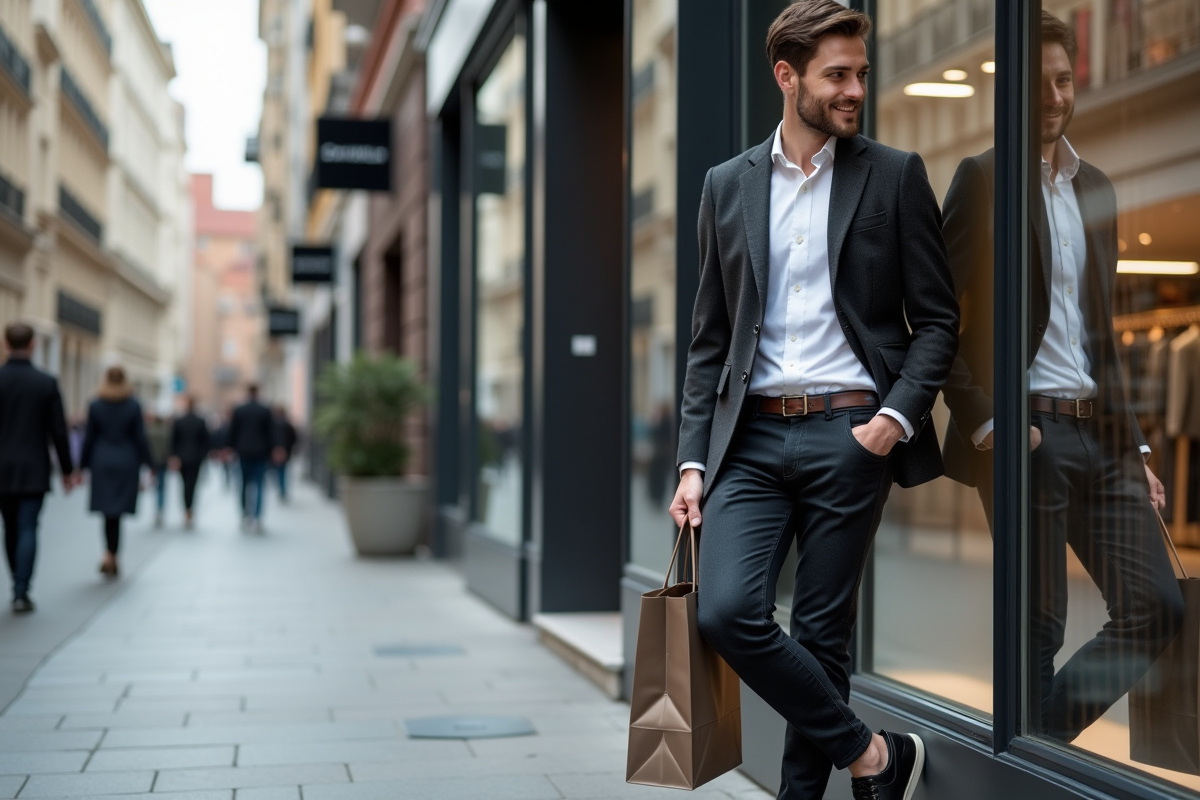 Jeune homme regardant sa reflection devant un magasin