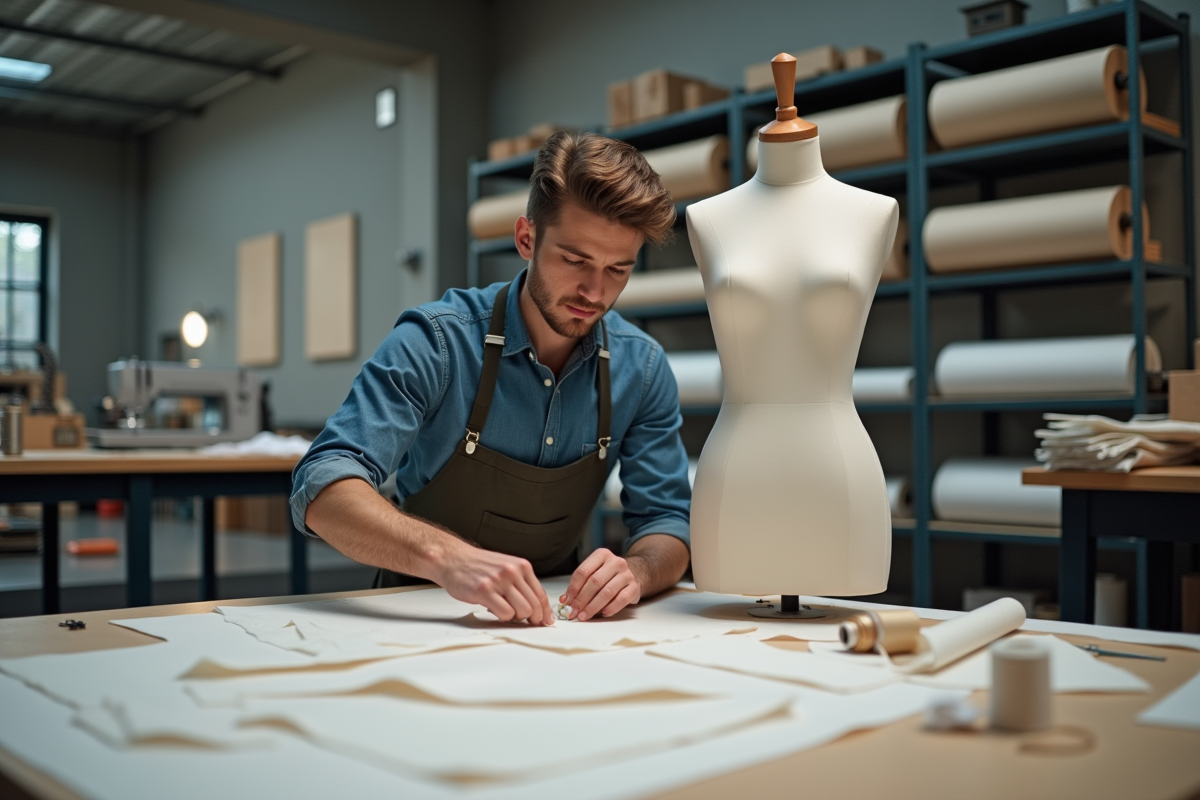 Jeune homme ajustant un patron sur un mannequin dans l