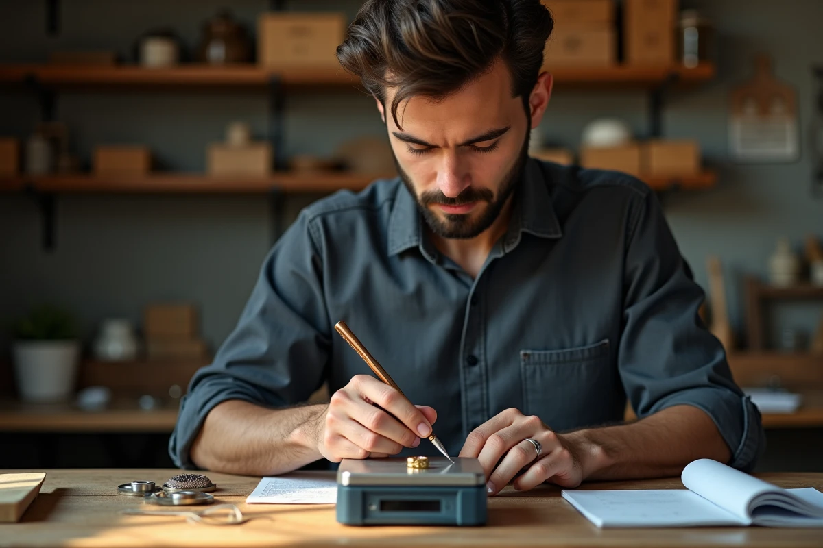 Jeune jewelier pèse une bague en or sur une balance digitale