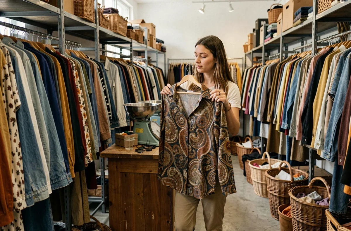 Une femme feuilletant des vêtements au kilo dans une boutique vintage de Nantes avec balance et portants métalliques industriels