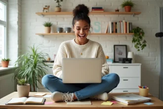 Jeune femme souriante créant son blog sur un ordinateur portable dans un bureau à domicile décoré de notes colorées