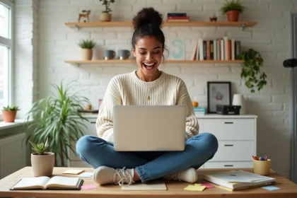 Jeune femme souriante créant son blog sur un ordinateur portable dans un bureau à domicile décoré de notes colorées