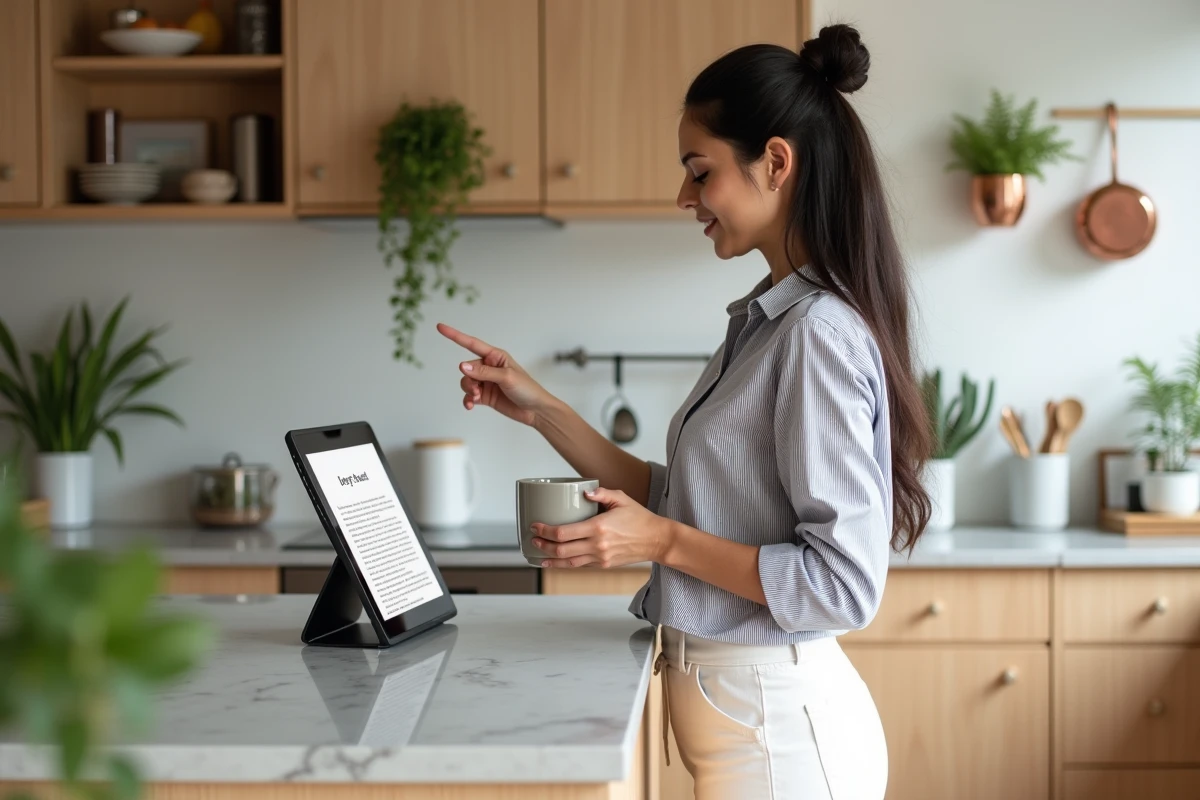 Femme dynamique consultant son brouillon de blog sur une tablette dans une cuisine moderne et lumineuse