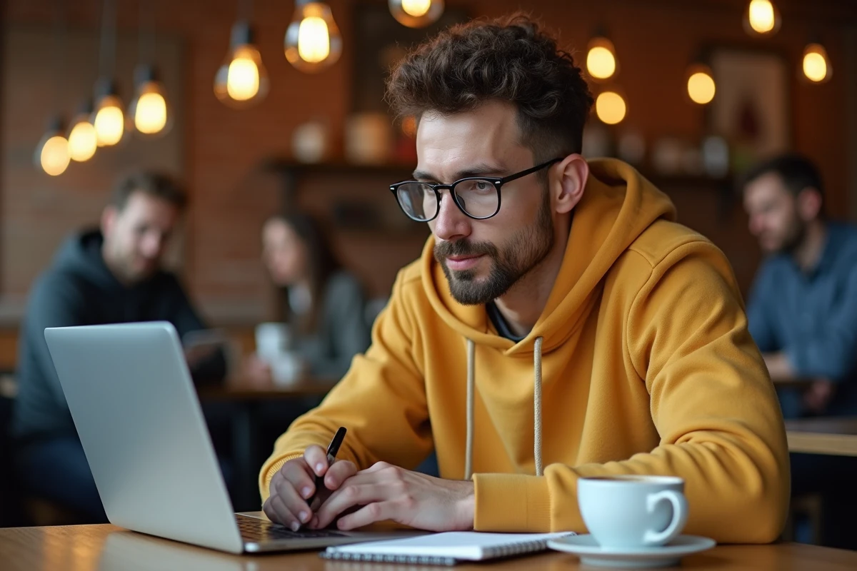 Homme concentré travaillant sur son blog dans un café avec un cahier et un cappuccino sur la table