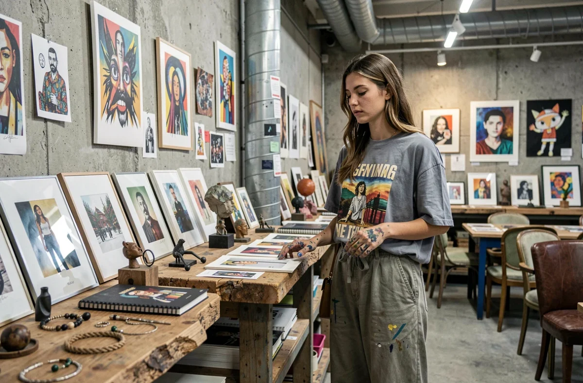 Intérieur du concept store créatif Le Lab à Lyon avec des œuvres d'art, des bijoux artisanaux et des objets sculptés sur des présentoirs en bois et en métal
