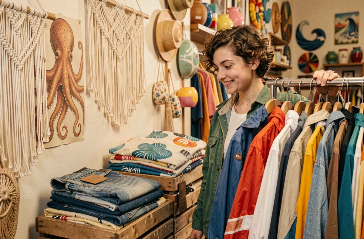 Intérieur bohème d'une boutique Little Octopus Vintage avec décorations marines, macramé et vêtements rétro des années 80