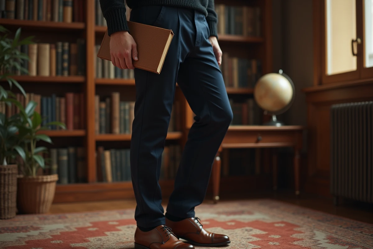 Homme en col roulé noir et pantalon taille haute marine style beatnik années 60 dans une bibliothèque vintage
