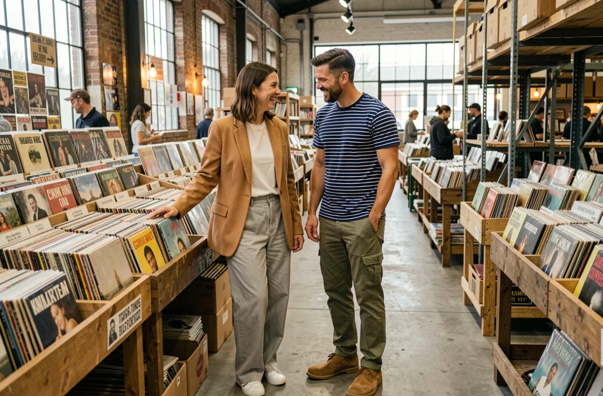 Deux amis en tenue casual week-end dans un marché aux puces intérieur, style décontracté et naturel
