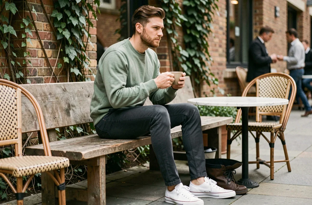 Homme en look casual chic sweatshirt vert et chino en terrasse de café le week-end