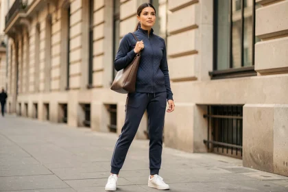 Femme en tenue sport chic WANABEE portant une veste de sport ajustée et un jogging slim dans un décor urbain parisien