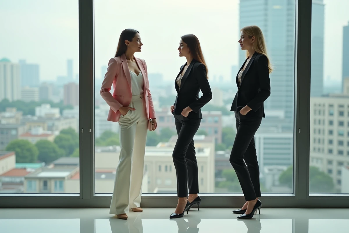 Deux femmes en tenues professionnelles inspirées du style Y2K discutant près d'une fenêtre en entreprise, tendances bureau 2026