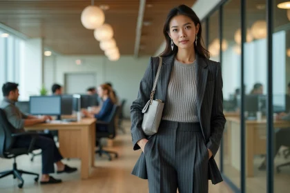 Femme en tailleur large et top métallisé tendance Y2K dans un bureau moderne, look professionnel 2026