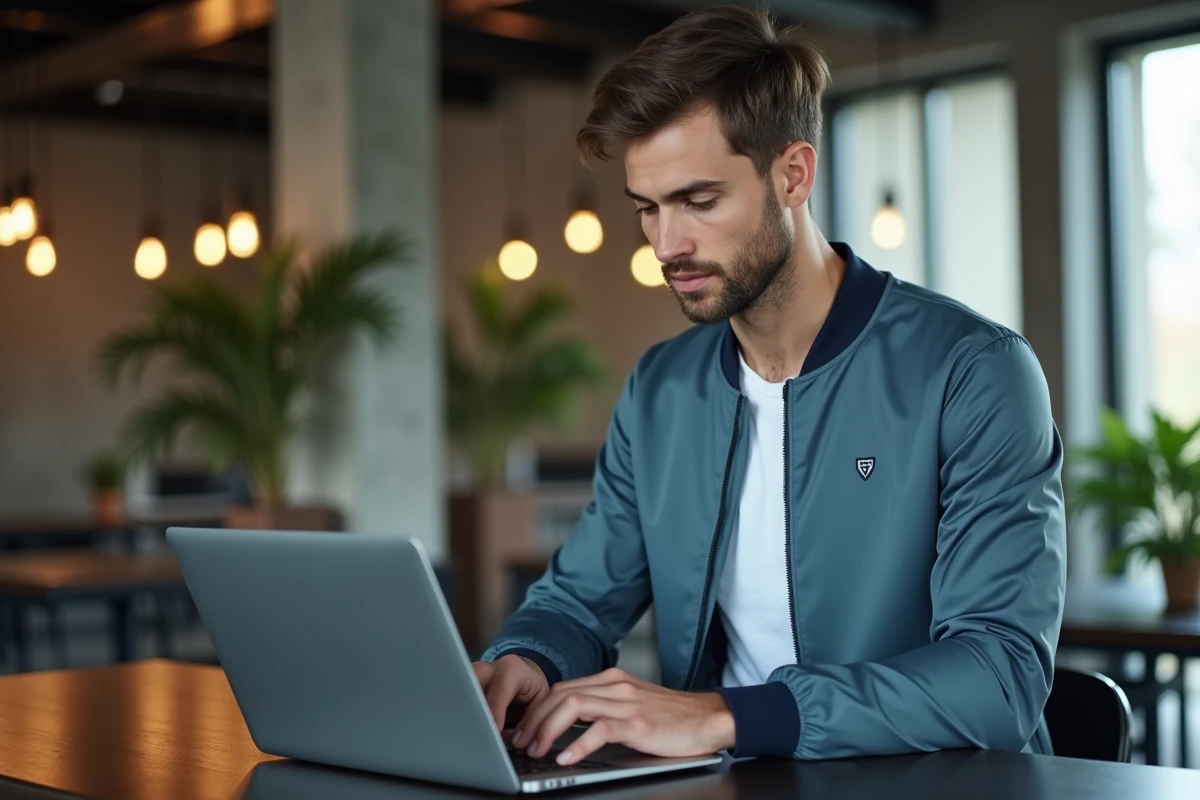 Homme en veste bomber nylon et pantalon tailleur dans un espace de coworking, style Y2K professionnel 2026
