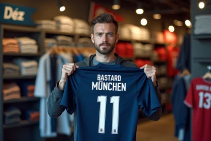 Homme tenant un maillot Bastard München personnalisé avec son nom dans une boutique de sport