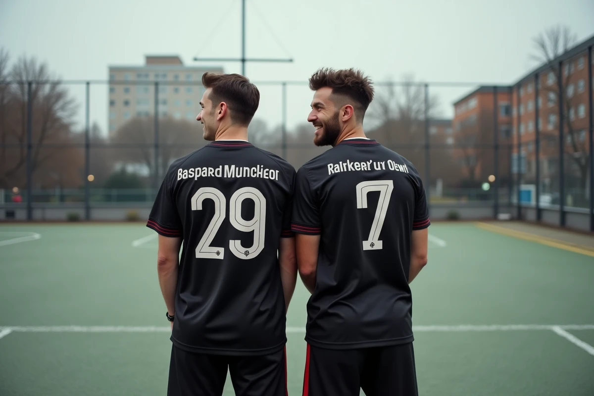 Deux amis portant des maillots Bastard München personnalisés sur un terrain de football urbain