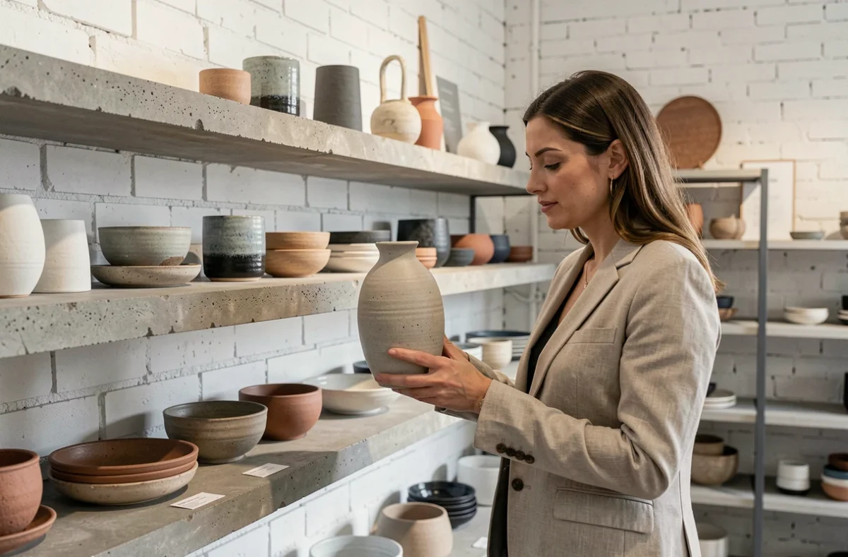 Intérieur du concept store Maison BDC à Saint-Étienne avec des objets de décoration artisanaux et des céramiques contemporaines sur des étagères en béton brut